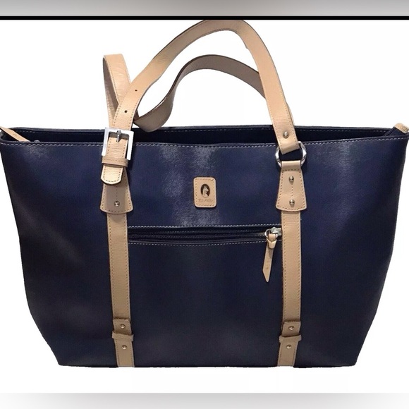 El Potro Tote Leather Blue Shoulder Bag Shopper Zipper Studs Double Handle - Picture 2 of 15